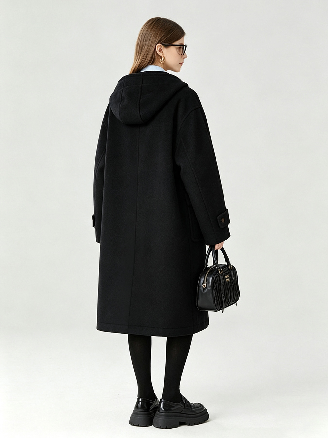 Women hooded wooden duffle button wool blend coat (black-s)