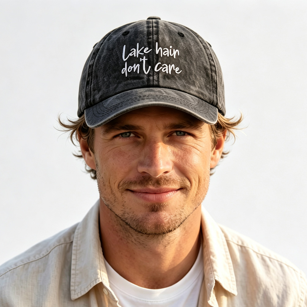 2pcs Lake Hair Washed Black Baseball Cap , Lake Hair Don't Care Embroidery Vintage Distressed Hat Summer Casual Lake Trip Hat — foto 7