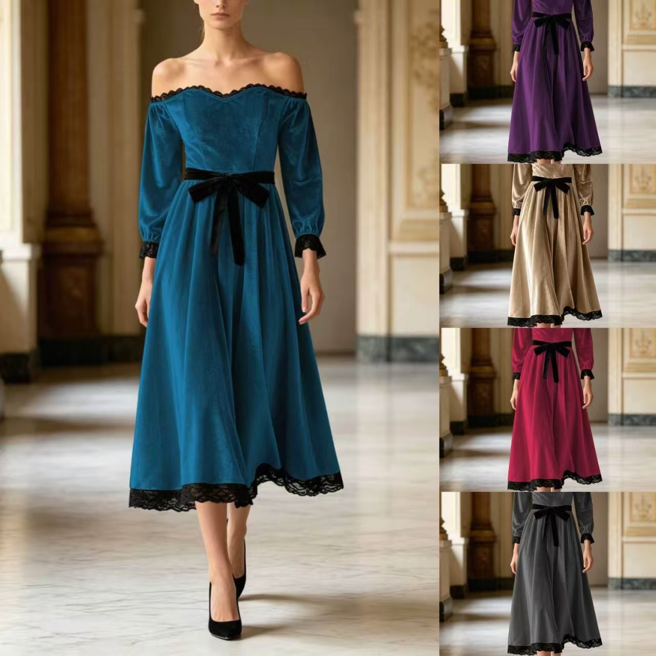 Women Off Shoulder Velvet Midi Dress, Long Puff Sleeve Black Lace Trim A Line Flowy Dress With Waist Bow Tie Elegant Vintage Party Evening Dresses product image