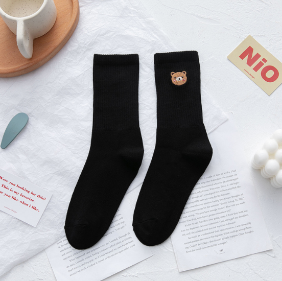Female Japanese College Style Cute Cartoon Bear Embroidered Socks Black - Shop at LoveMi