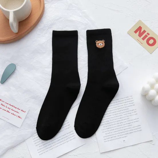 Female Japanese College Style Cute Cartoon Bear Embroidered Socks Black - Shop at LoveMi