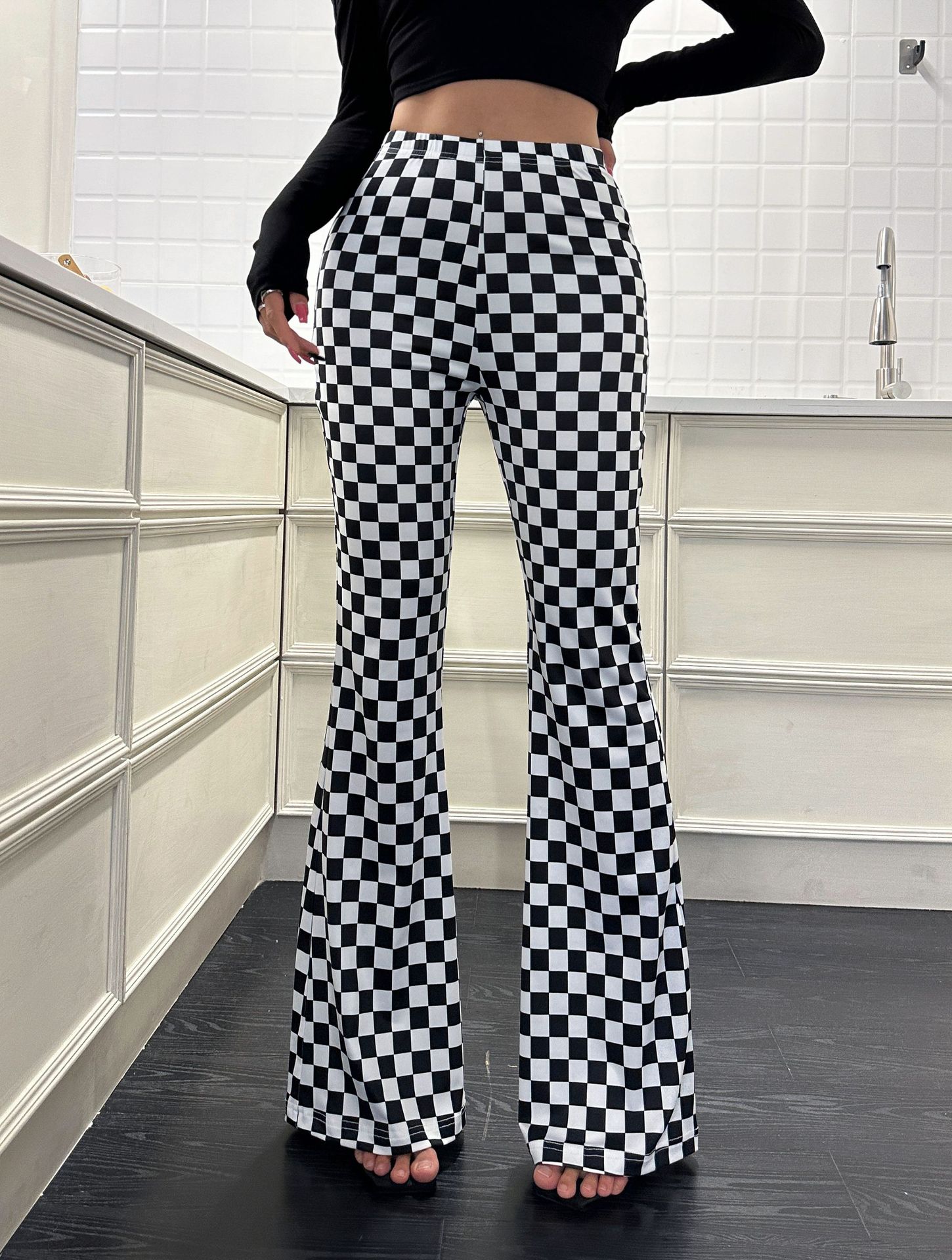New Checkerboard Flare Pants Women's Fitness Yoga Clothes High Waist Showing Long Legs Tight Nude Sports Leisure Street Style