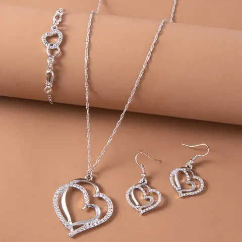 Romantic Crystal Heart Jewelry Set Bracelet Necklace Earrings