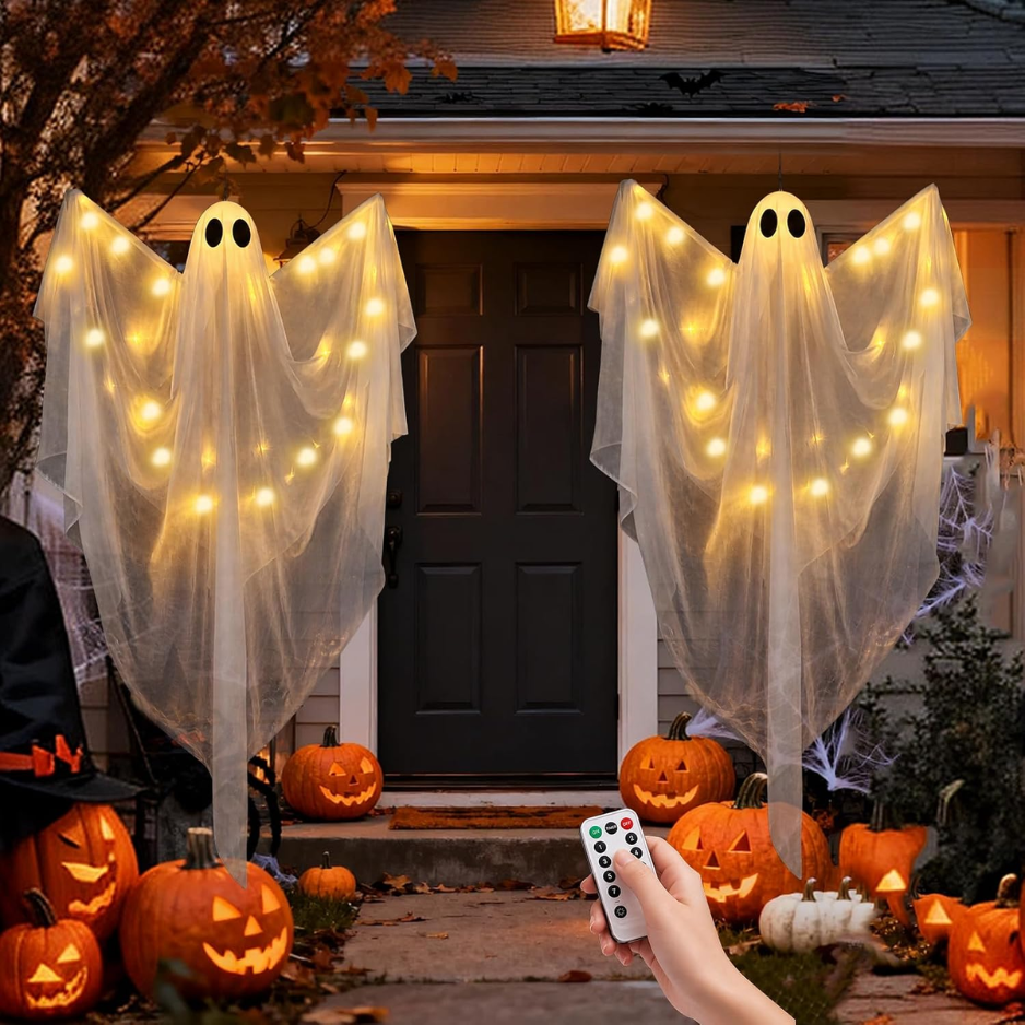 Hanging Ghost Halloween Decorations 2 Pack, 51 Inch Remote Lighted Ghosts