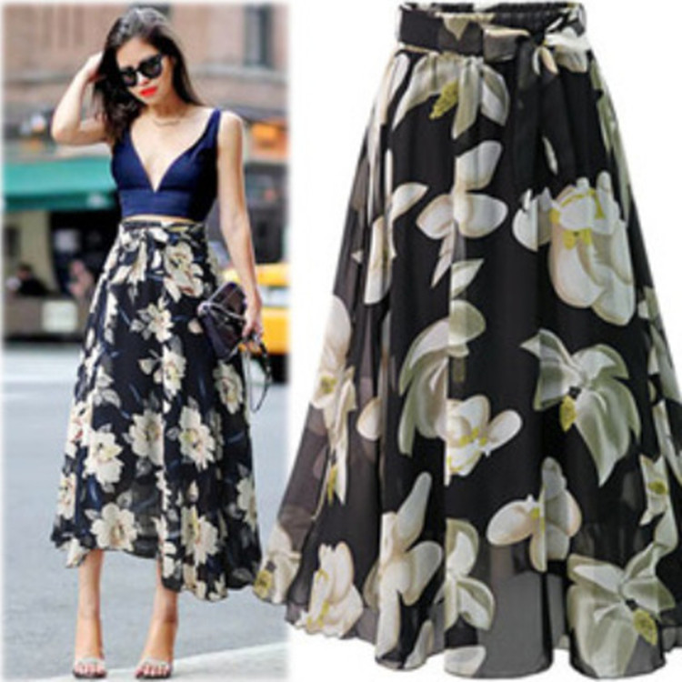 Large Floral Midi Big Swing Chiffon Skirt