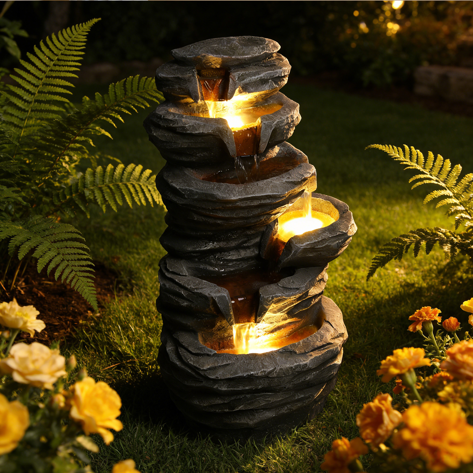 Outdoor Waterfall Fountain With Lights Stacked Rock Cascading Water Feature Resin Garden Decor For Patio Yard Porch Landscape — foto 3
