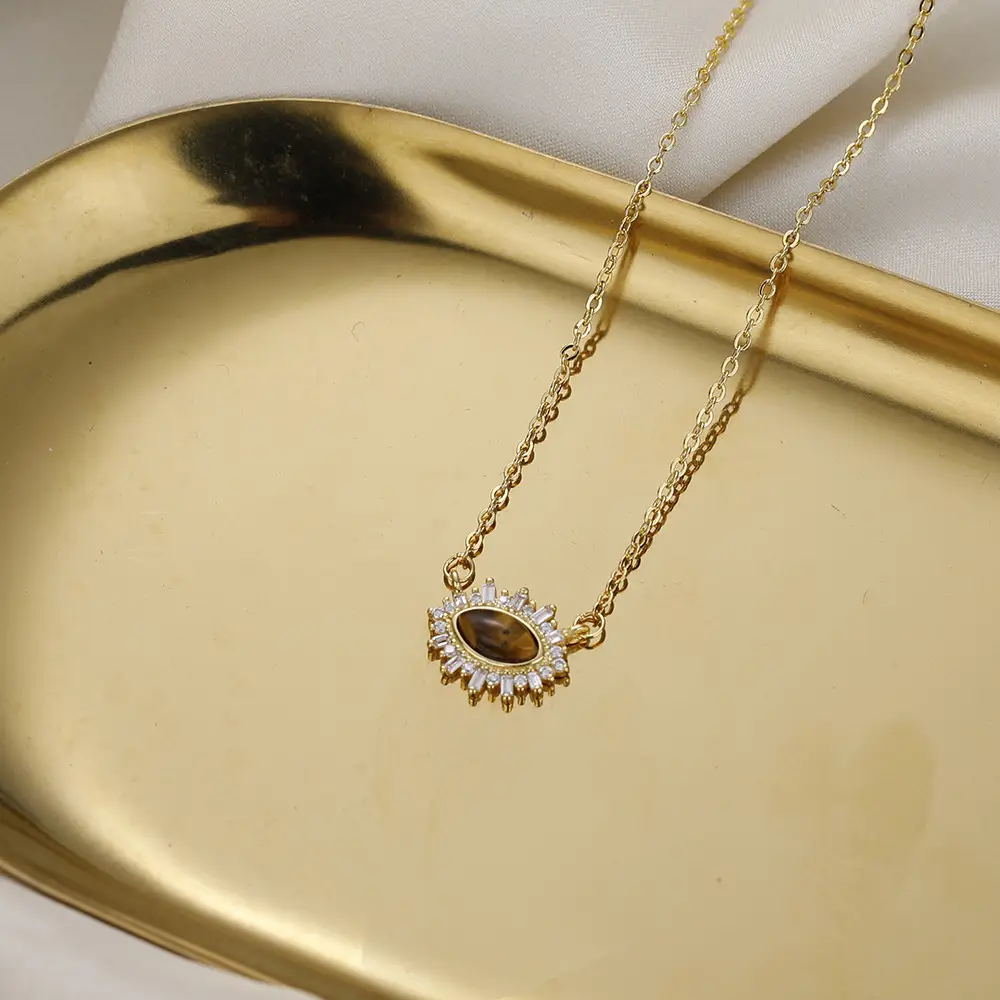 Vintage Tiger Eye Stone S925 Sterling Silver Gold Plated Collarbone Necklace