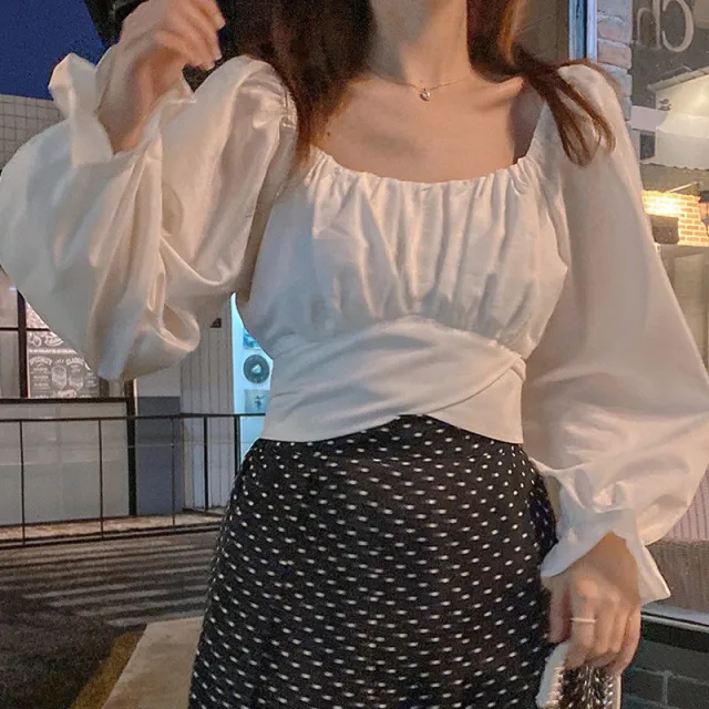 Puff Sleeve Bow Tie French Short Top Women White Long Sleeve - Shop at LoveMi