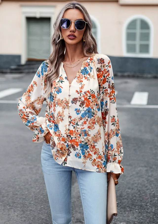 Women's Tops Casual Floral Print V Neck Long Sleeve Shirts Loose Chiffon Blouses Shirts Tops Apricot - Shop at LoveMi