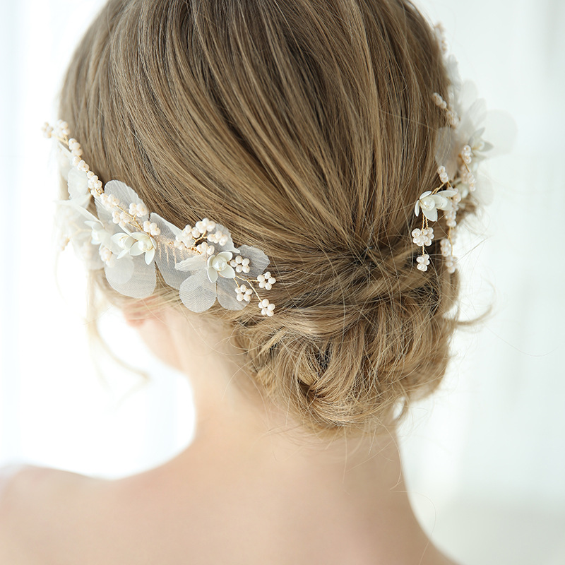 Bride Headdress Hand-woven White Porcelain Flower Pearl
