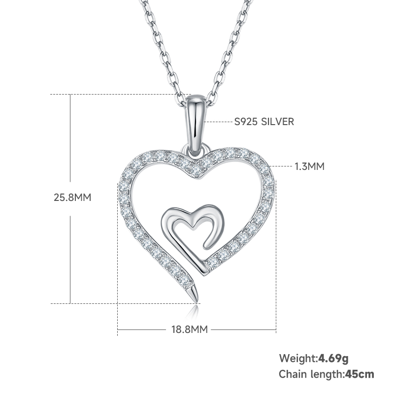 4.6g S925 Sterling Silver Moissanite Heart Necklace 45cm  32 Stones Double Heart Pendant With GRA, Platinum Plated Romantic Jewelry Gift Box Set For Women