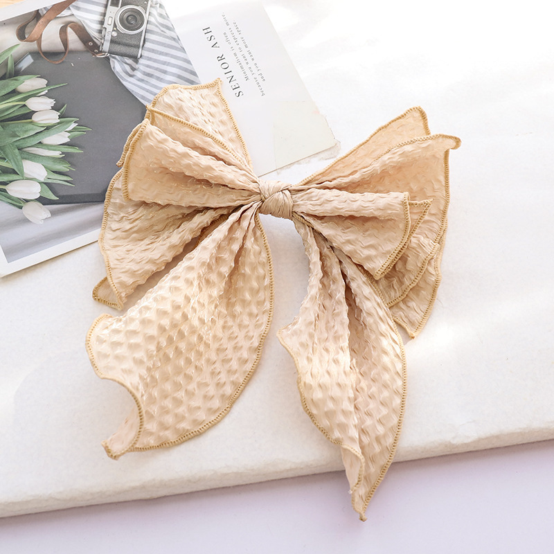 Solid Color Fabric Crumpled Bow Hair Accessory Beige - Shop at LoveMi