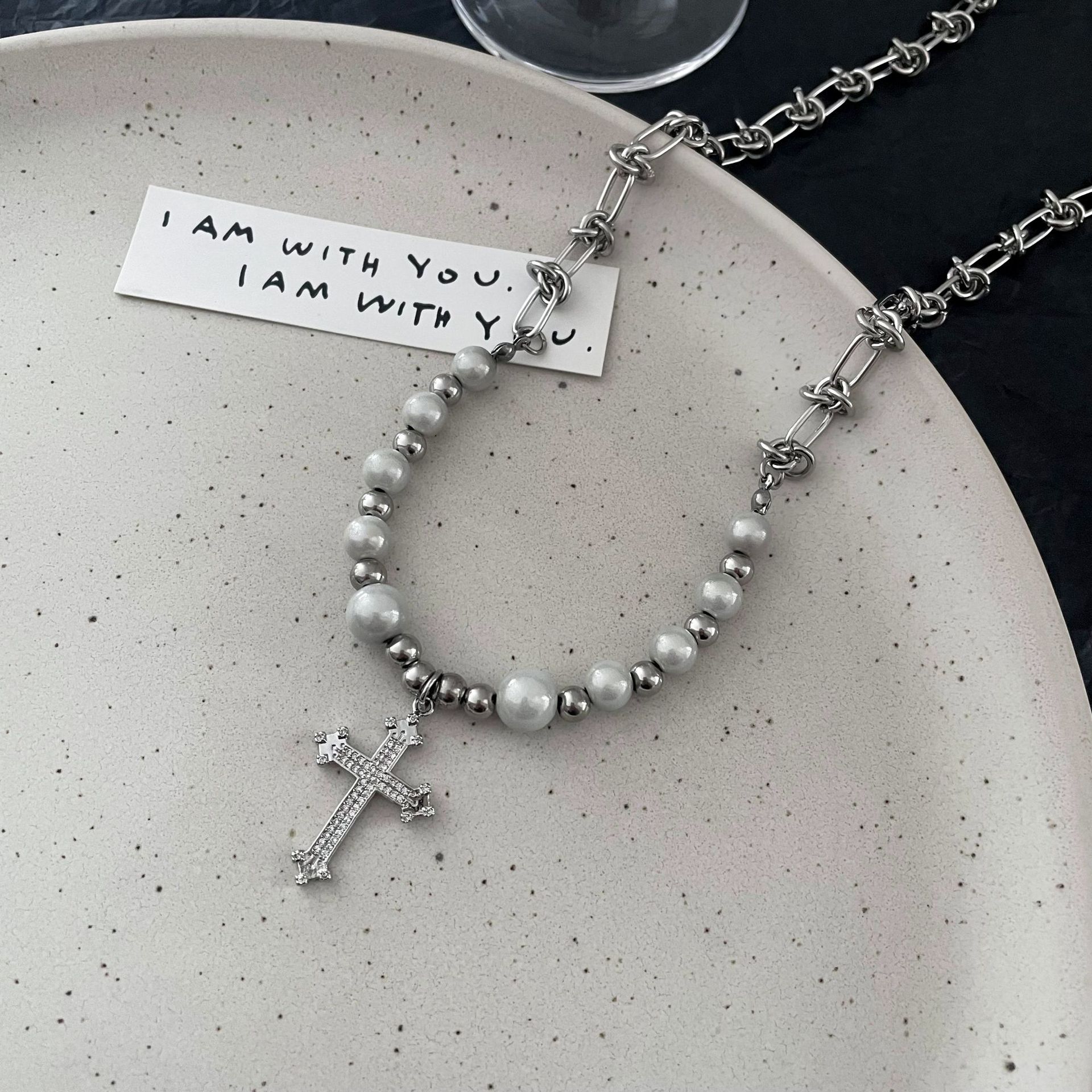 Reflective Pearl Cross Necklace