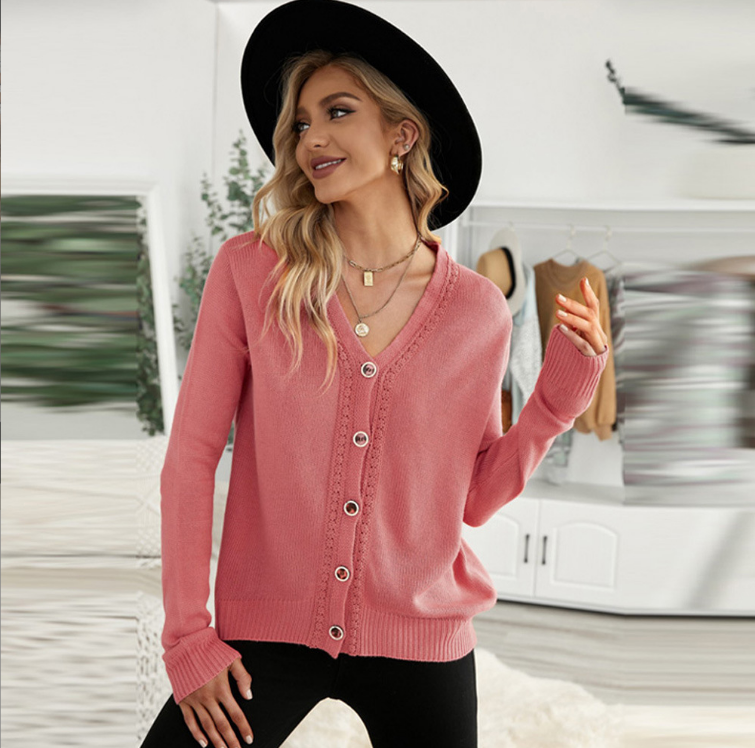 Pure Color Casual Single-breasted V-neck Pullover Sweater