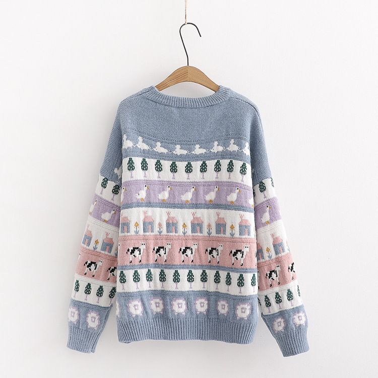 Outer Wear Thick Warm Cartoon Jacquard Loose Pullover Sweater