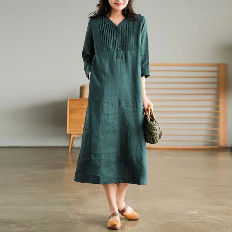 Solid Color Cotton Linen V-Neck Half Sleeve Dress - Green