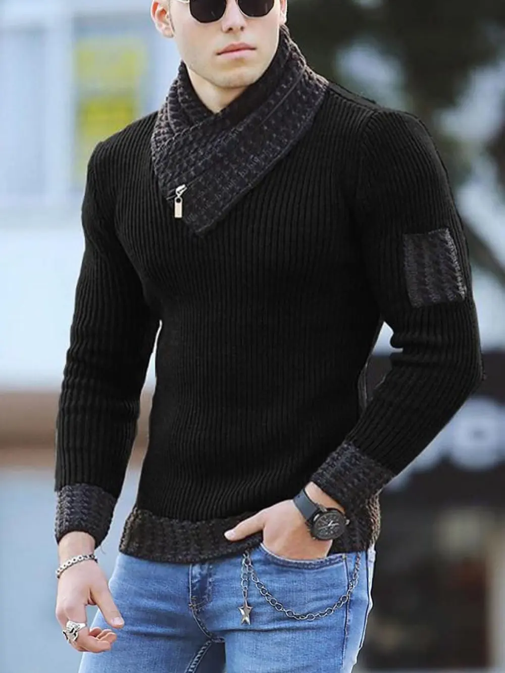 Casual Slim Knit Pullover Long Sleeve Scarf Collar Sweater