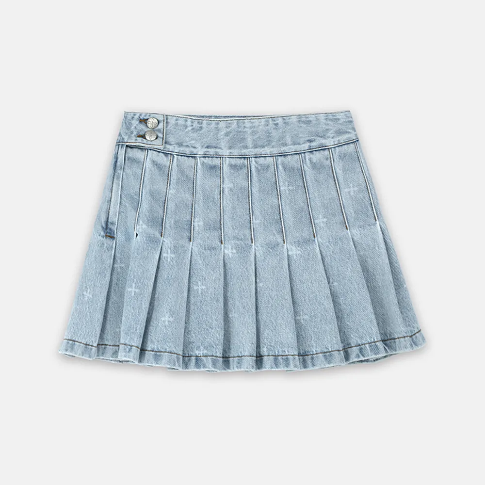 Garden Denim Pleated Skirt Washed And Made Of Old Buffed - Water Blue