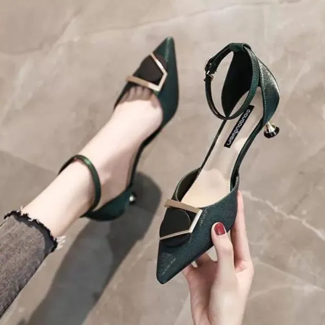 Pointed Toe Low heel Sandals With A Buckle Green - Shop at LoveMi