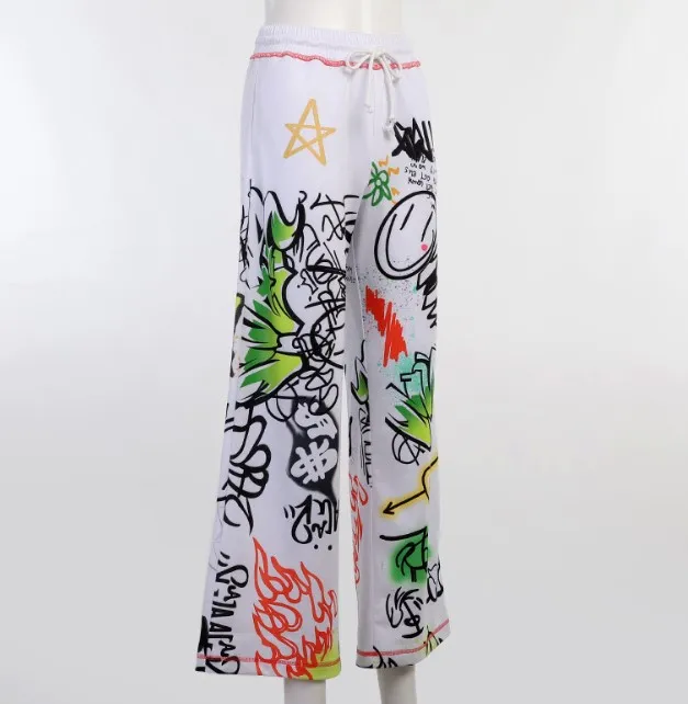 Spray Paint Printed Wide Leg Pants Gothic Streetwear High Waist Casual White - Shop at LoveMi