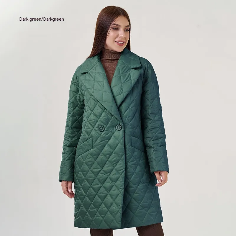Long Women's Cotton Padded Clothing Casual Waist Tight Plaid Winter Clothing - Dark Green