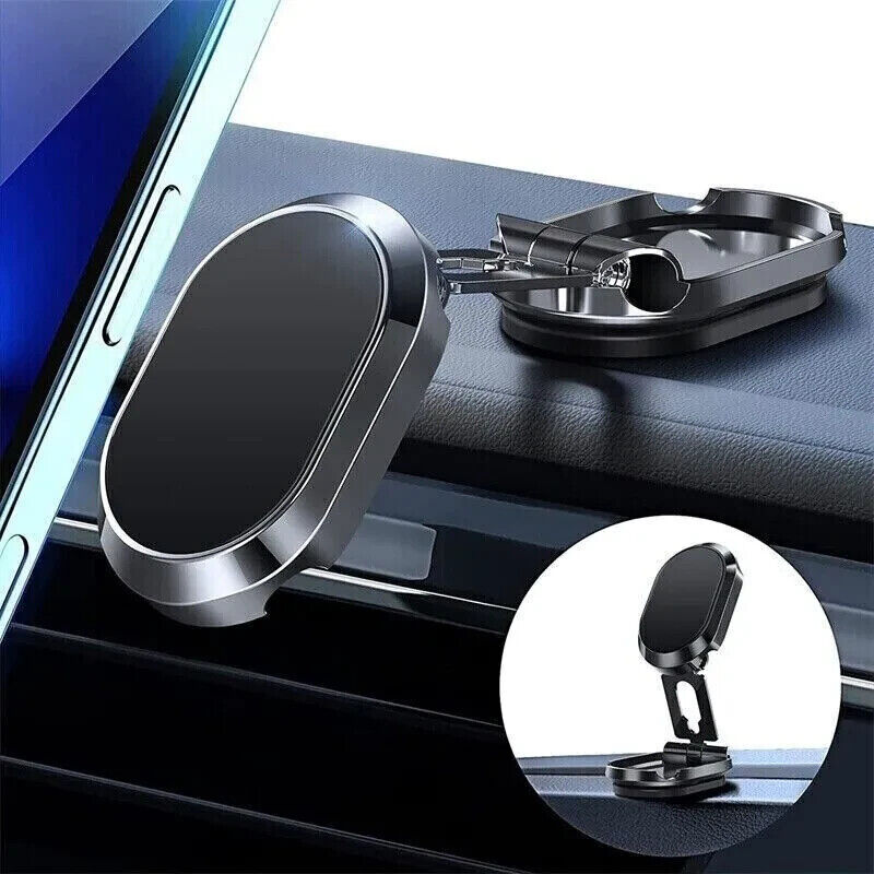 Magnetic Car Phone Holder - Dashboard Mount. With a 360-degree adjustable swivel and foldable bracket, you can rotate your smartphone or device at your own will, providing the best viewing angle. Folding Magnetic Bracket: Paste on the curved surface, stab