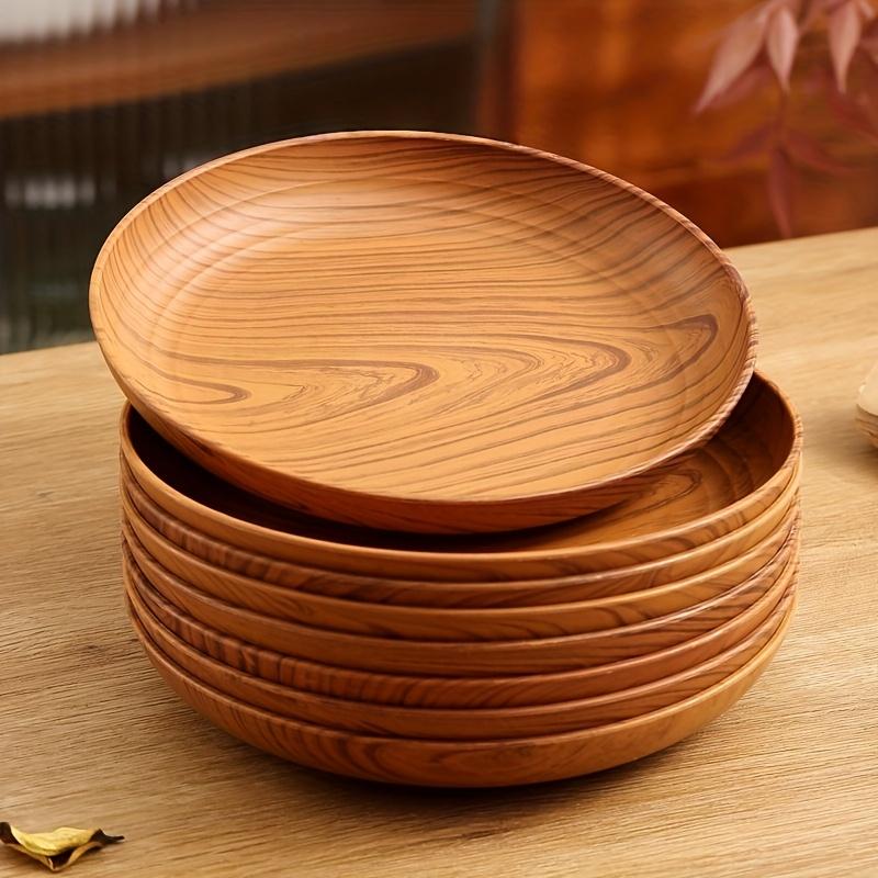 10 Creative Wood Grain Plastic Plates - Round Striped Design, High-Quality Lightweight, Suitable For Home, Dessert Shops 12