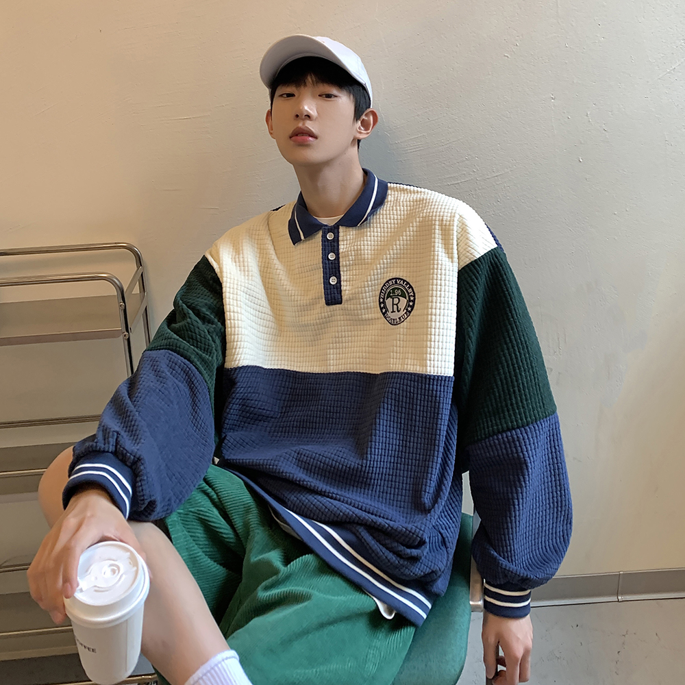 Spring Preppy Colorblock Lapel Badge Loose Sweater Top