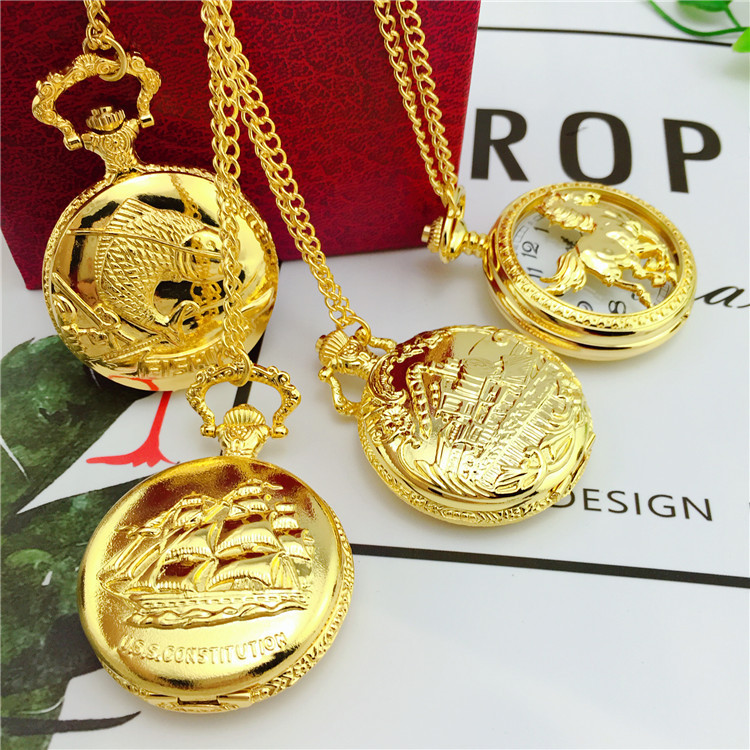 Fashion Retro Cabin Locomotive Flip Large Pocket Watch Gold Quartz Watch