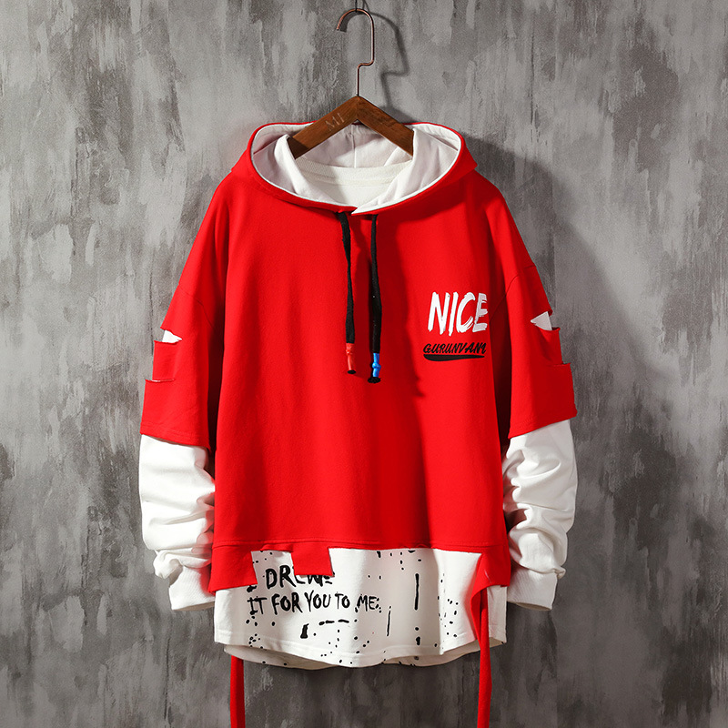 Title 4, Fake Two-Piece Hooded Pullover Long-Sleeved Swe...