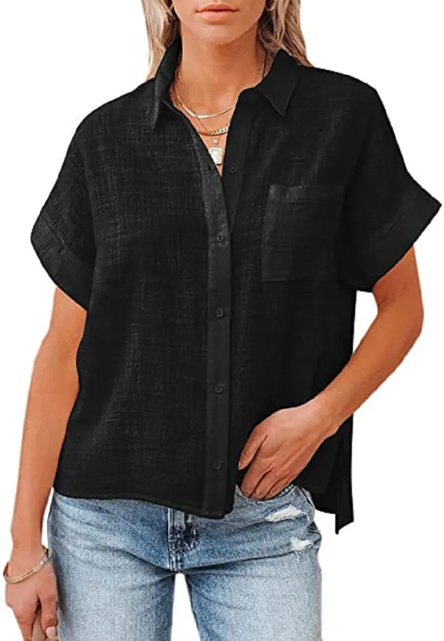 Explosive Style Cotton And Linen Shirt Short sleeved Ladies Lapel Button down Shirt Black - Shop at LoveMi