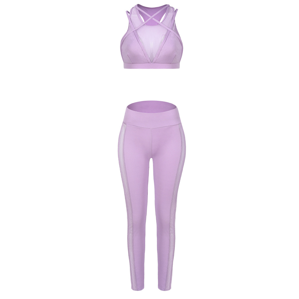 Sexy Mesh Cross-Strap Hollow Yoga Suit for Women