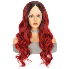 Red Large Wave Long Curly Hair Chemical Fiber Head Cover - Wine Red - View 1