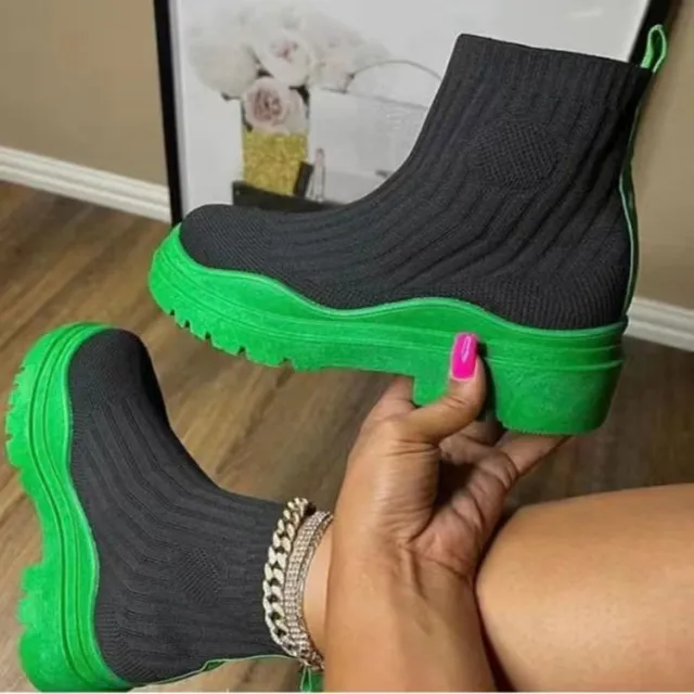 Fashion Sock Boots Platform Chunky Heels Shoes Women Green - Shop at LoveMi