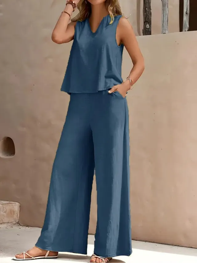 Solid Color Summer Slacks Suit, V neck Vest And Wide leg Pants Outfit Blue - Shop at LoveMi