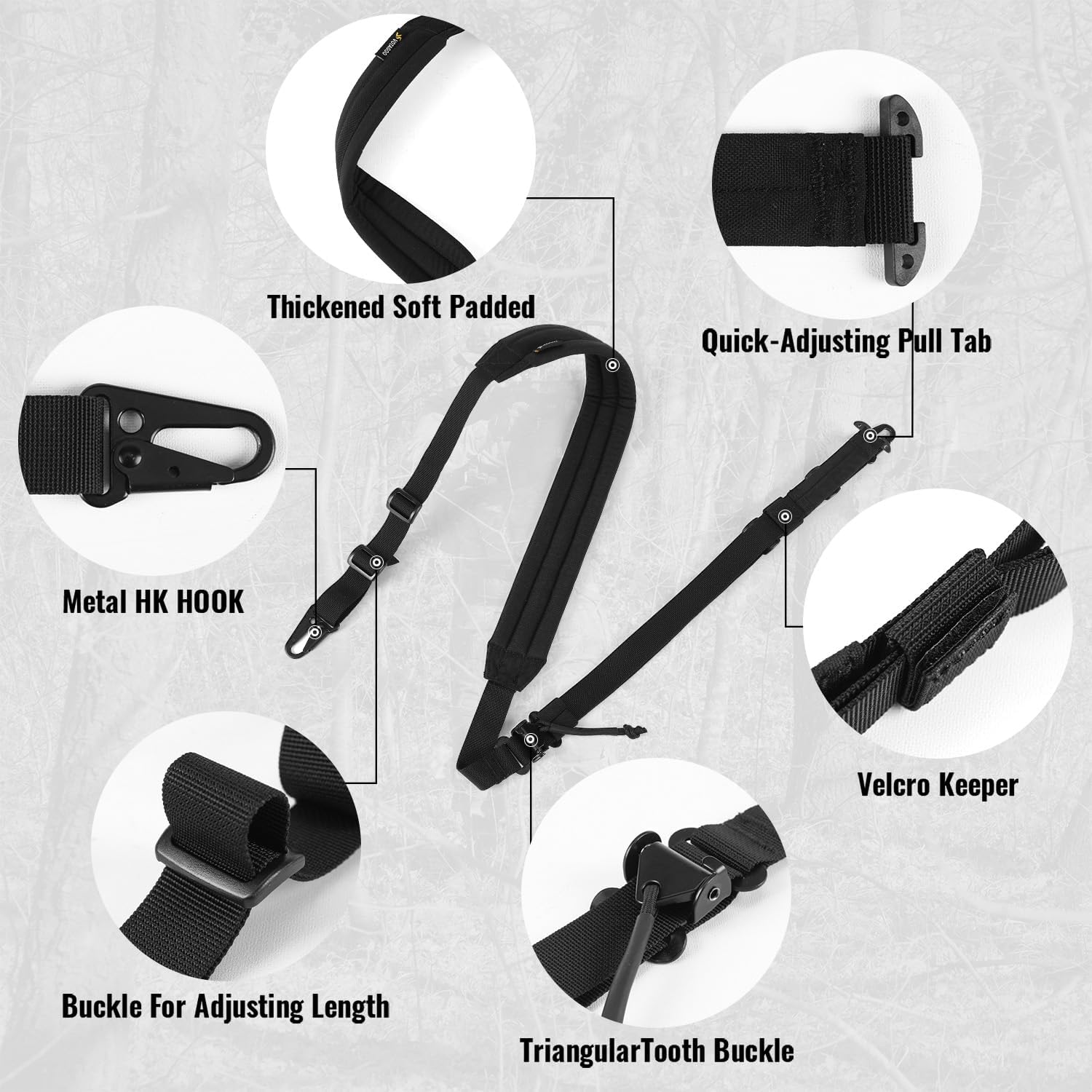 Quick Adjust 2 Point Gun Sling. Multi-Option Install & Sling Management: This rifle sling comes with 2 QD swivels and 2 HK HOOK and a sling management retention device and a sling ring. The sling swivels allow for easy installation to the barrel and butts