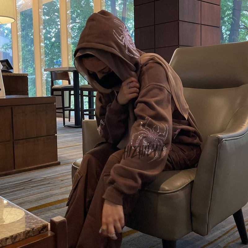 Brown Print Hooded Oversized Sweatshirt