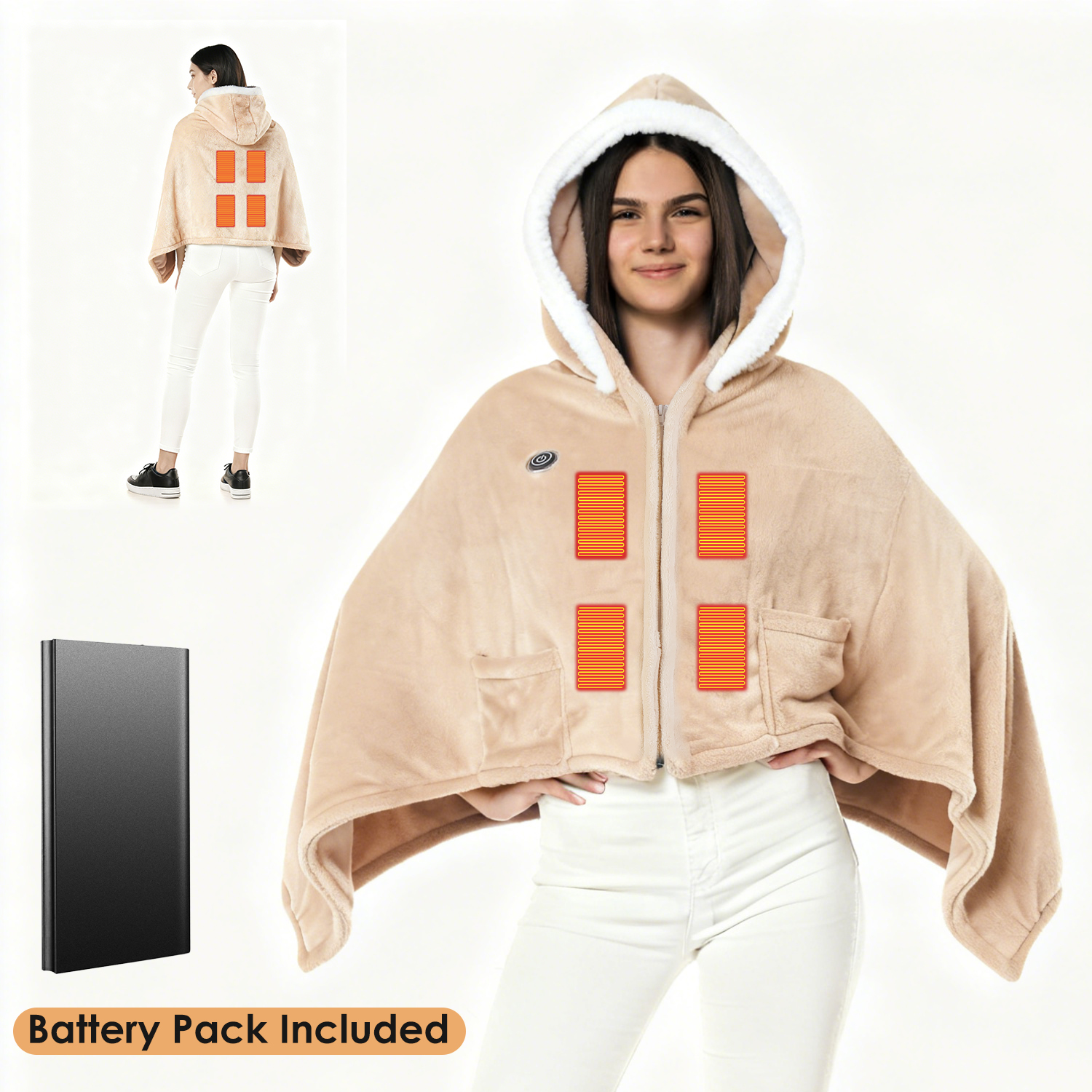 Wearable Heated Throw Blanket With 20000mah Battery Pack Double Sided Flannel Portable Electric Heating Hoodie For Women Men Machine Washable 3 Heating Levels Battery Operated