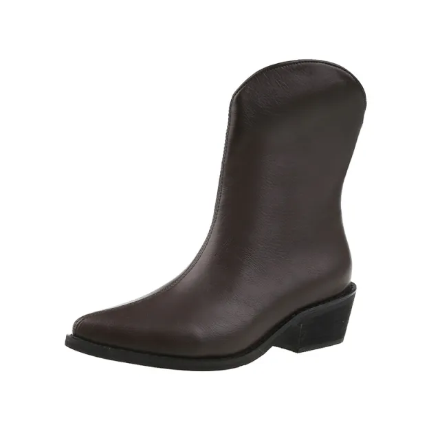 Spring And Autumn Models Pointed Toe Mid tube Thick Heel Martin Boots Brown - Shop at LoveMi