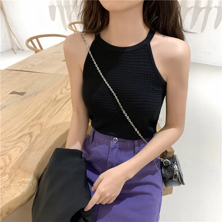 Women Knitted Short Halterneck Sling Vest - Black