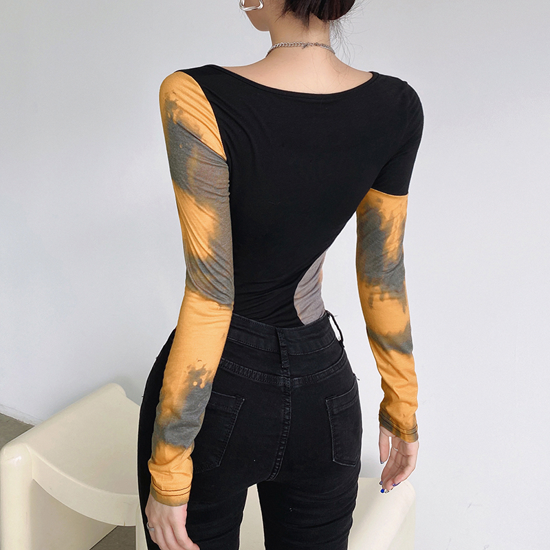 French Retro Design Sensual Waist Color Block Print Square Neck One-piece Top