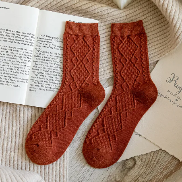 Female Solid Color Peplum Simple Wind Japanese Retro Autumn And Winter Dark Pattern Diamond Plaid Medium Tube Mori System Socks Wine Red - Shop at LoveMi