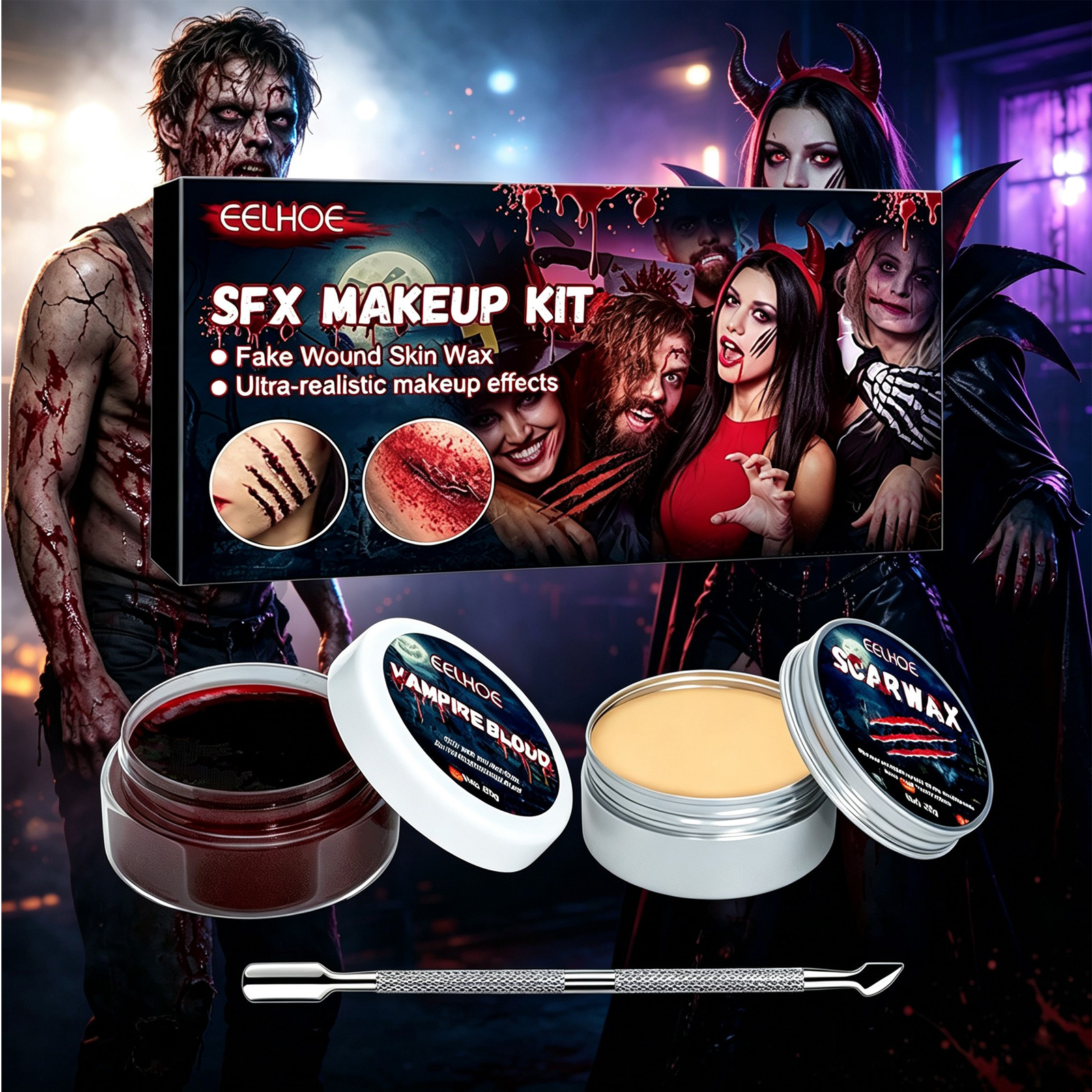 Halloween SFX Makeup Kit, Fake Wound Skin Wax & Vampire Blood Set, Special Effects Makeup For Cosplay Party