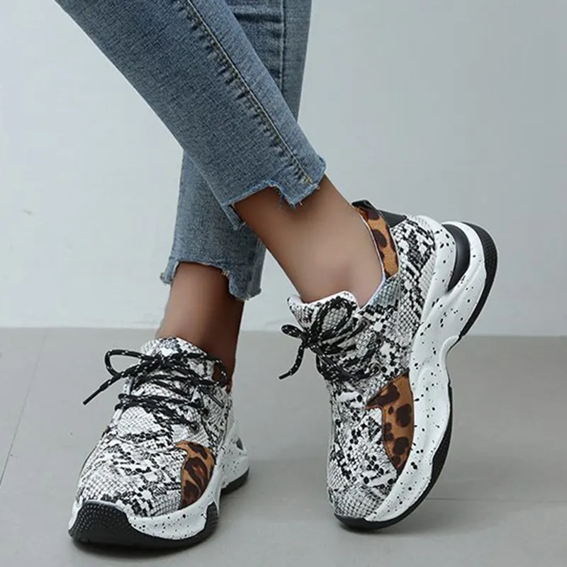 Leopard Print Sneakers Women Lace Up Walking