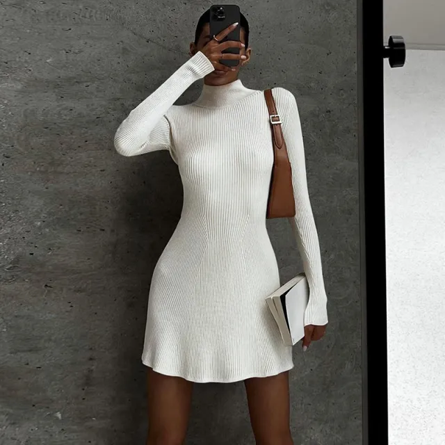 Autumn Turtleneck Wool Solid Color Dress White - Shop at LoveMi