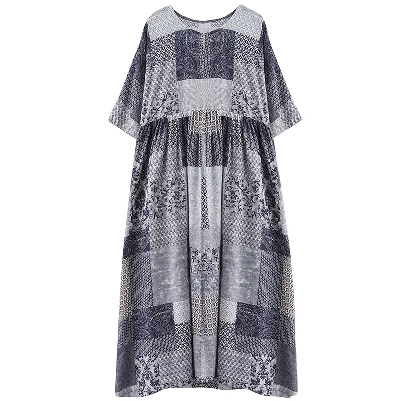 Literary Plus Size Loose Cotton And Linen Plaid Short sleeved Dress Blue Square - Shop at LoveMi