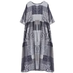 Literary Plus Size Loose Cotton And Linen Plaid Short-sleeved Dress - Blue Square - View 1