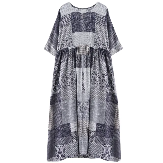 Literary Plus Size Loose Cotton And Linen Plaid Short sleeved Dress Blue Square - Shop at LoveMi