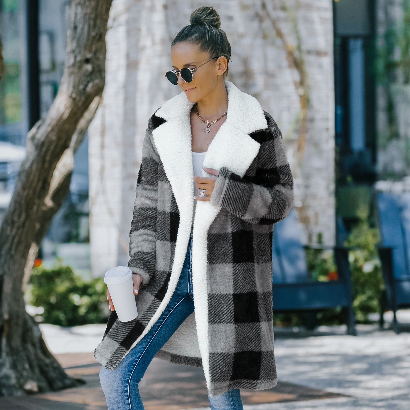 Women's Pure Color Plaid Woolen Coat