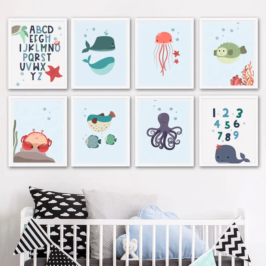Cartoon Alphanumeric Table Octopus Jellyfish Wall Art